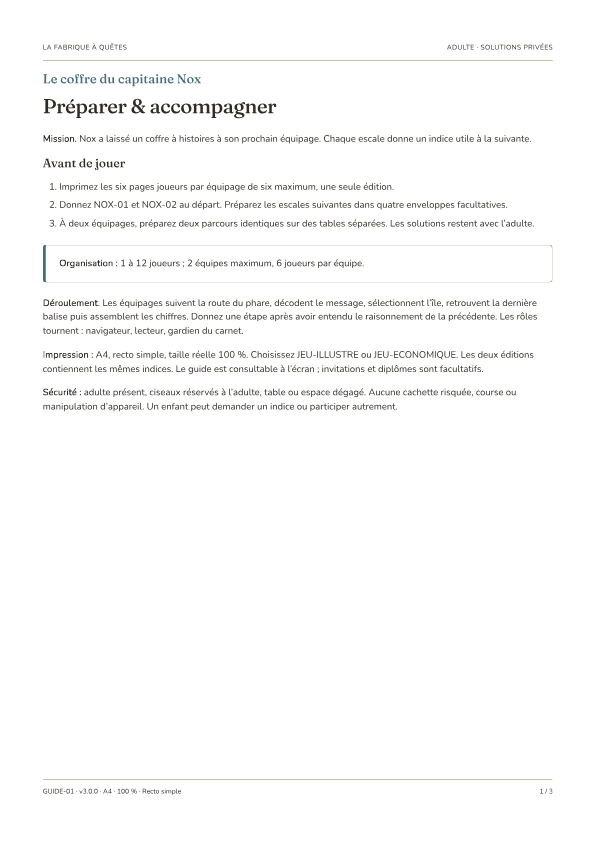 Extrait réel du guide adulte du Coffre du capitaine Nox